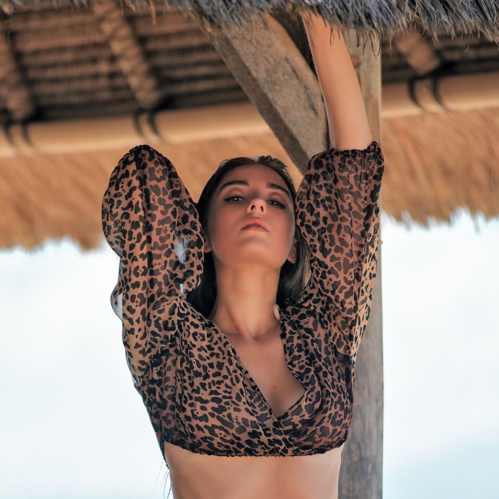 New Summer Women Ladies Leopard Mesh Sheer See-through 3/4 Sleeved Crop Tops Blouse Beachwear