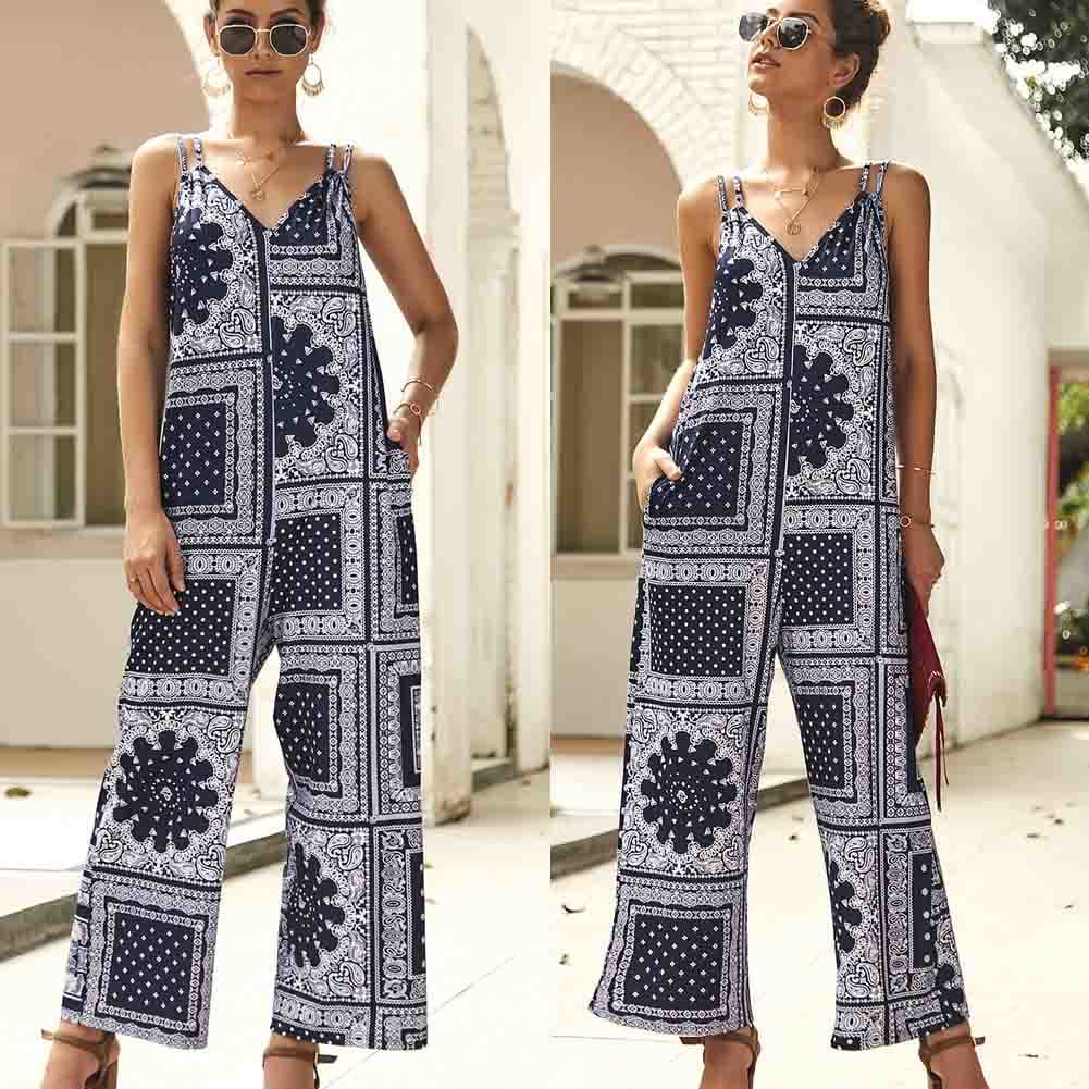 Fashion Women Jumpsuit V Neck Print Floral Pocket Ladies Summer Beach Wide Leg Holiday Romper Long Jumpsuit Trousers