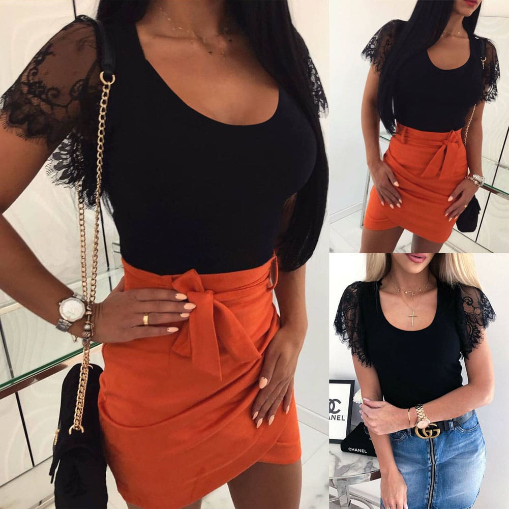 Hot Women Summer Sexy Lace Short Sleeve Loose Simple O-Neck Mesh Blouse Tops Fashion Solid Casual Black Shirt