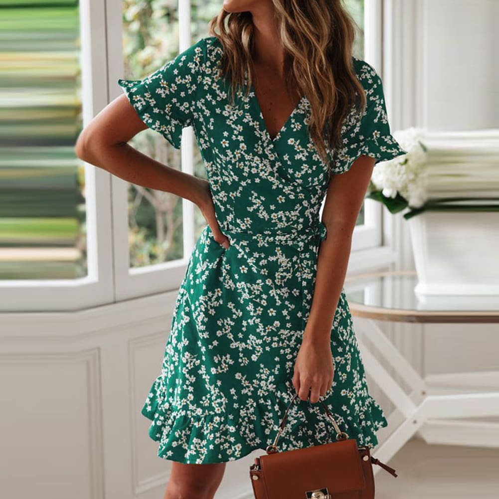 Women Boho Floral Short Mini Dress Party Evening Ladies Summer Beach Holiday Sundress Women Casual Short Sleeve Mini Dress