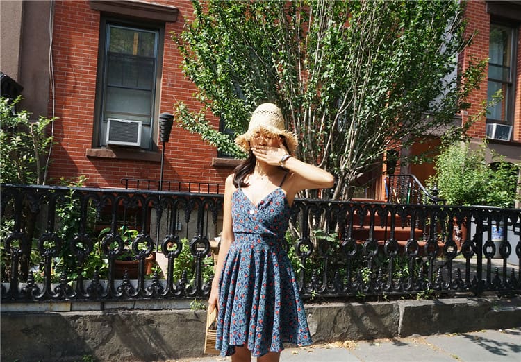 Chiffon V-neck Dress Print Vintage Mini A-Line Slip Strap Dresses