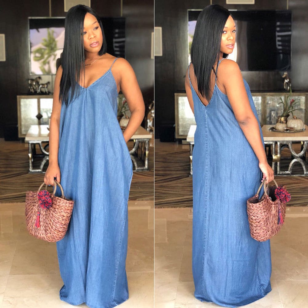 Ladies Boho Backless Summer Long Denim Maxi Dress