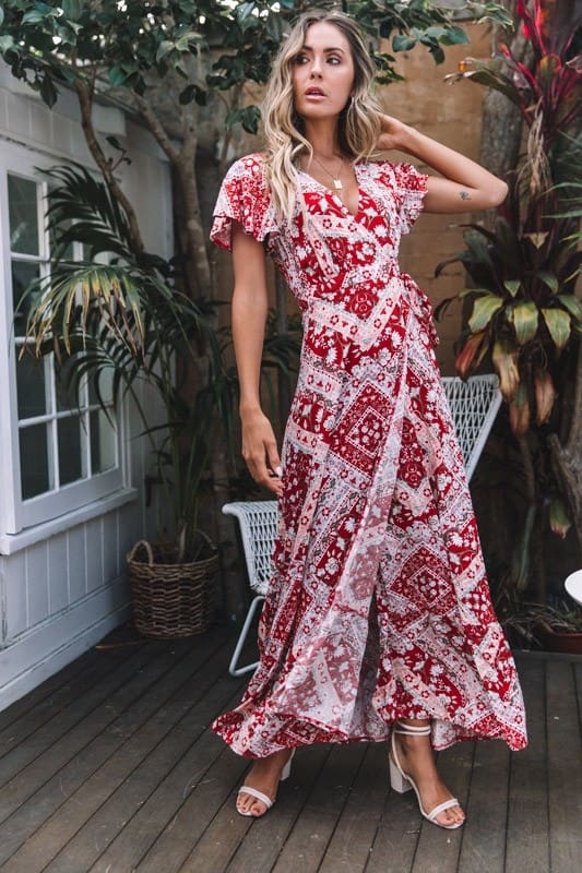 New Fashion Women Boho Floral Short Sleeve High Waist Midi Dress Summer V-Neck Beach Holiday Sundress