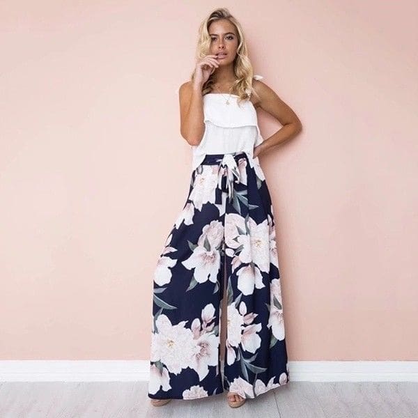 Fashion Women Boho Floral High Waist Long Pants Palazzo Baggy Wide Leg Ladies Summer Loose Casual Trousers