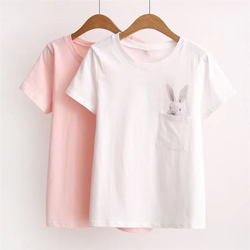 New Women Casual T-shirt Short Sleeve Ladies Loose Casual Summer Tops Cartoon Bunny Pocket Short Sleeve Tops