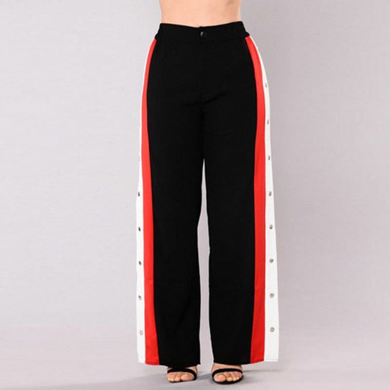 Fashion Womens Split Side Buttons Wide Leg Jogger Casual Long Pants Summer Loose Striped High Waist Trousers