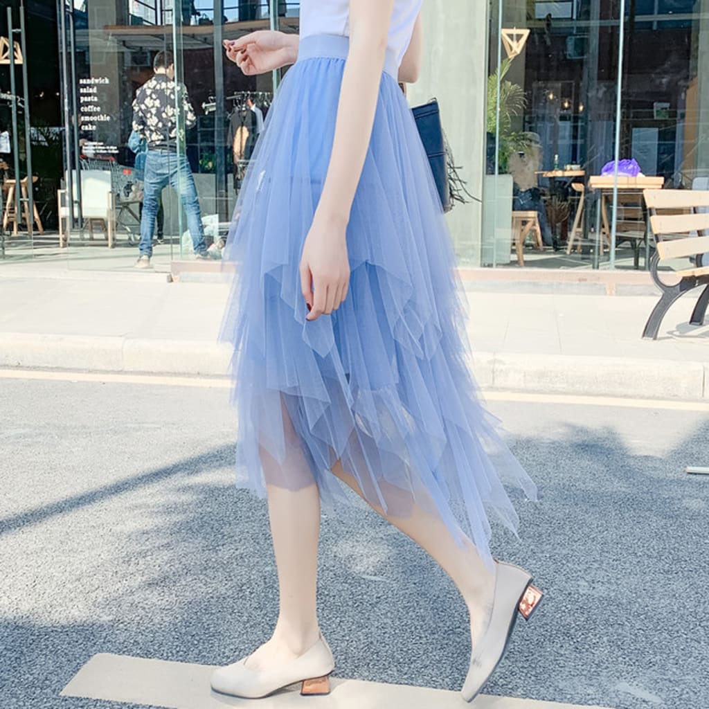 Women Irregular Mesh Tulle Tutu Skirt Elastic High Waist Female Prom Party Casual Layers Pleated Long Maxi Skirt