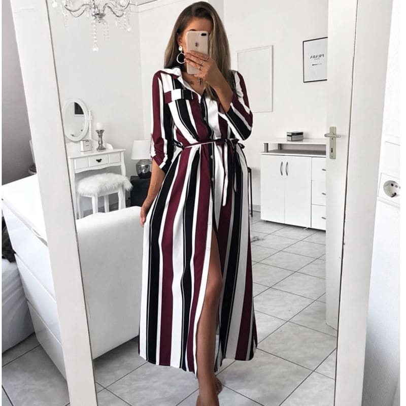 Stripe Turn-Down Collar Button Autumn Summer Long Sleeve Dress