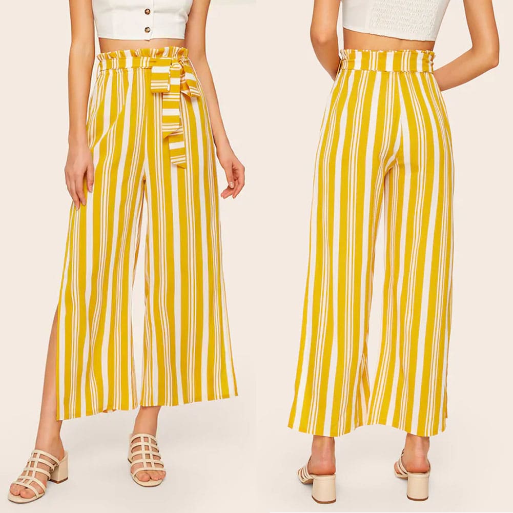 Women Loose Stripe Slit Boho Beach Harem Wide Leg Casual Pants Ladies Fashion High Waist Palazzo Trousers