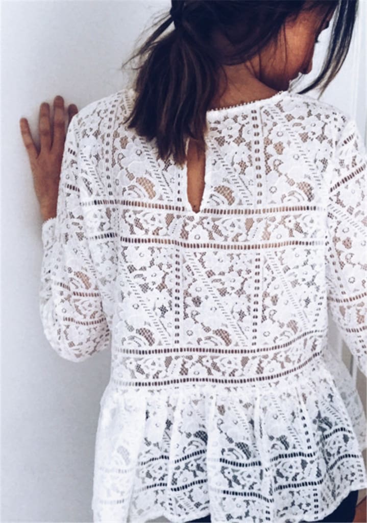 Fashion Women Boho Beach Holiday Summer Loose Casual Chiffon Lace Ruffled Embroider White Tops Femme Ladies Mesh Blouse