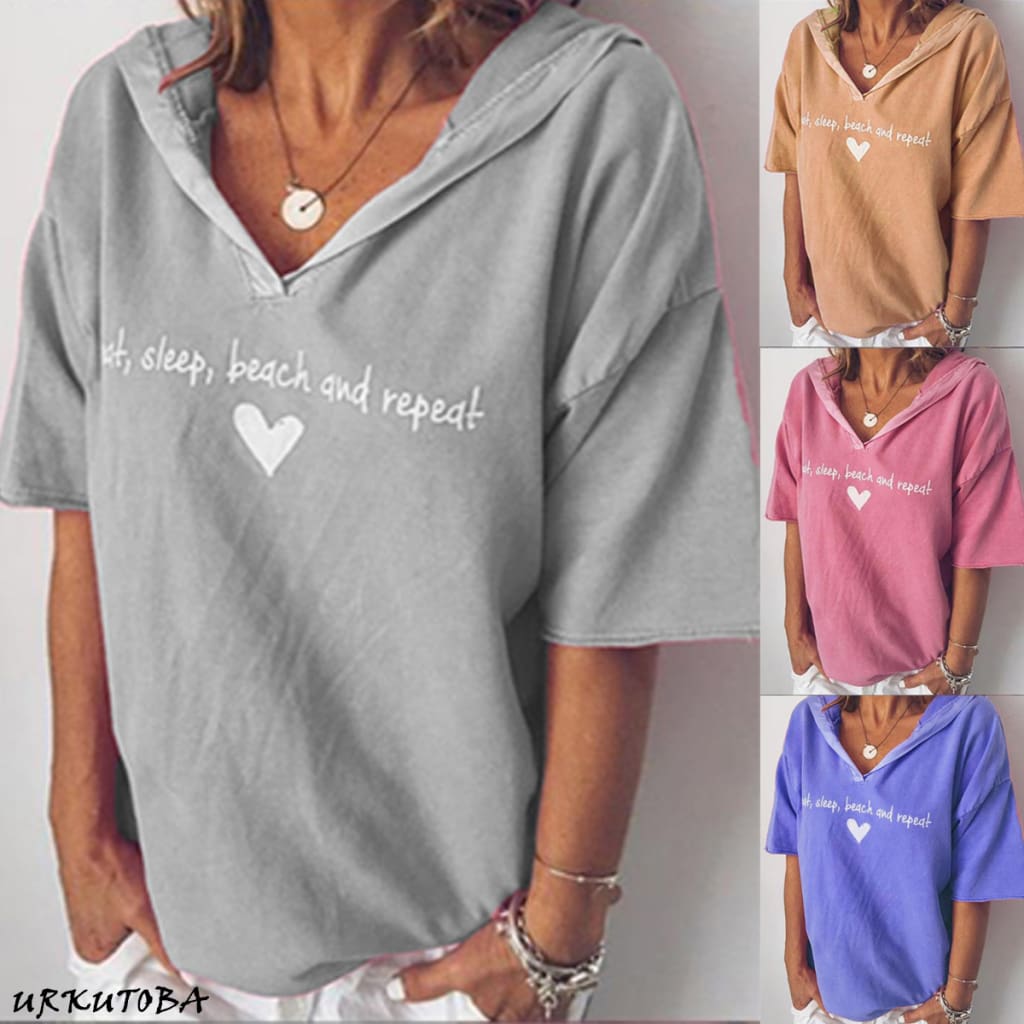 New Fashion T Shirt Summer Women Heart Printed Loose Tops Ladies Casual Short Sleeve V Neck Pullover Hooded Tee Outwear