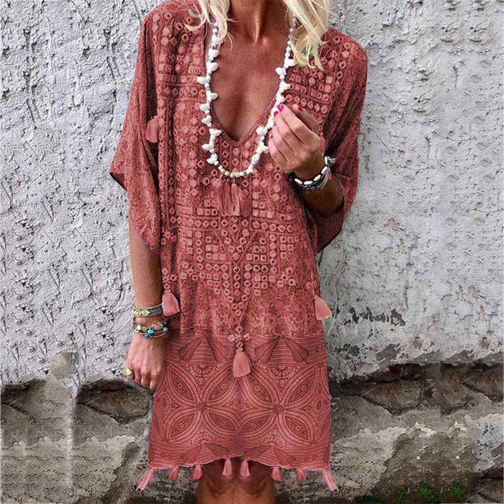 New Women Boho Short Sleeve Dress Summer Printed Beach Ladies Casual Loose Mini Shirt Beach Dress Sundress