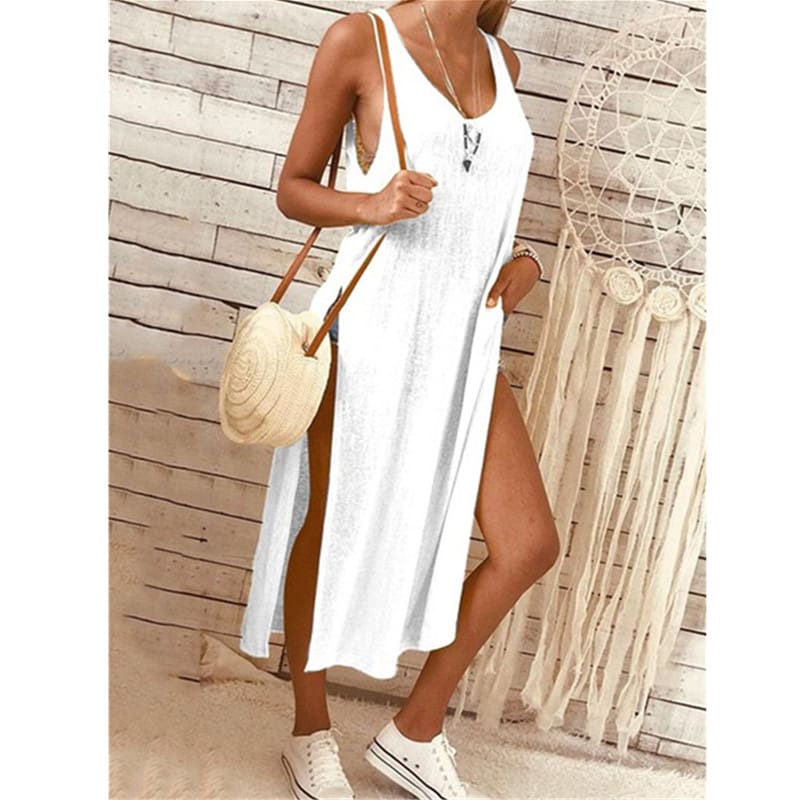 Summer Womens Solid Color Split Sleeveless V-Neck Loose Casual Party Bohemian Dress Holiday Beach Sundress