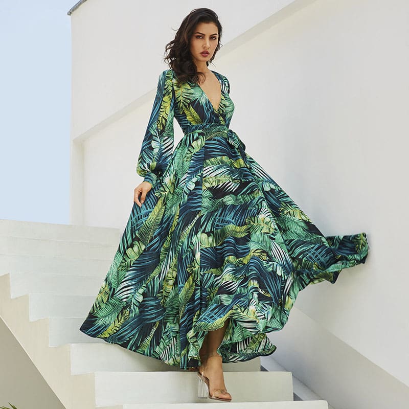 Vintage Women Boho Floral V-Neck Long Maxi Dress Summer Beach Elegant Ladies Casual Long Sleeve Holiday Party Sundress