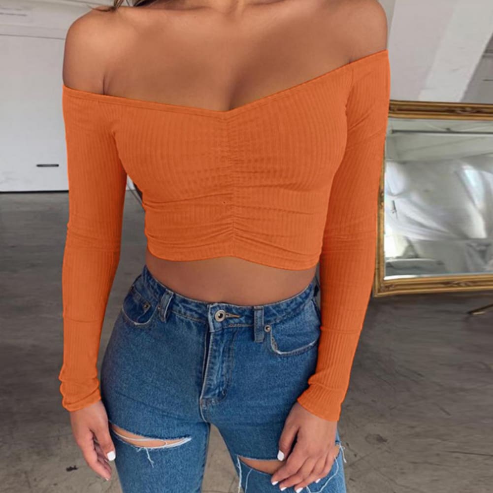 New Women Summer Casual Off Shoulder Tops Vest Shirt Long Sleeve Solid Crop Top Shirt Pullover Slim Tee Streetwear