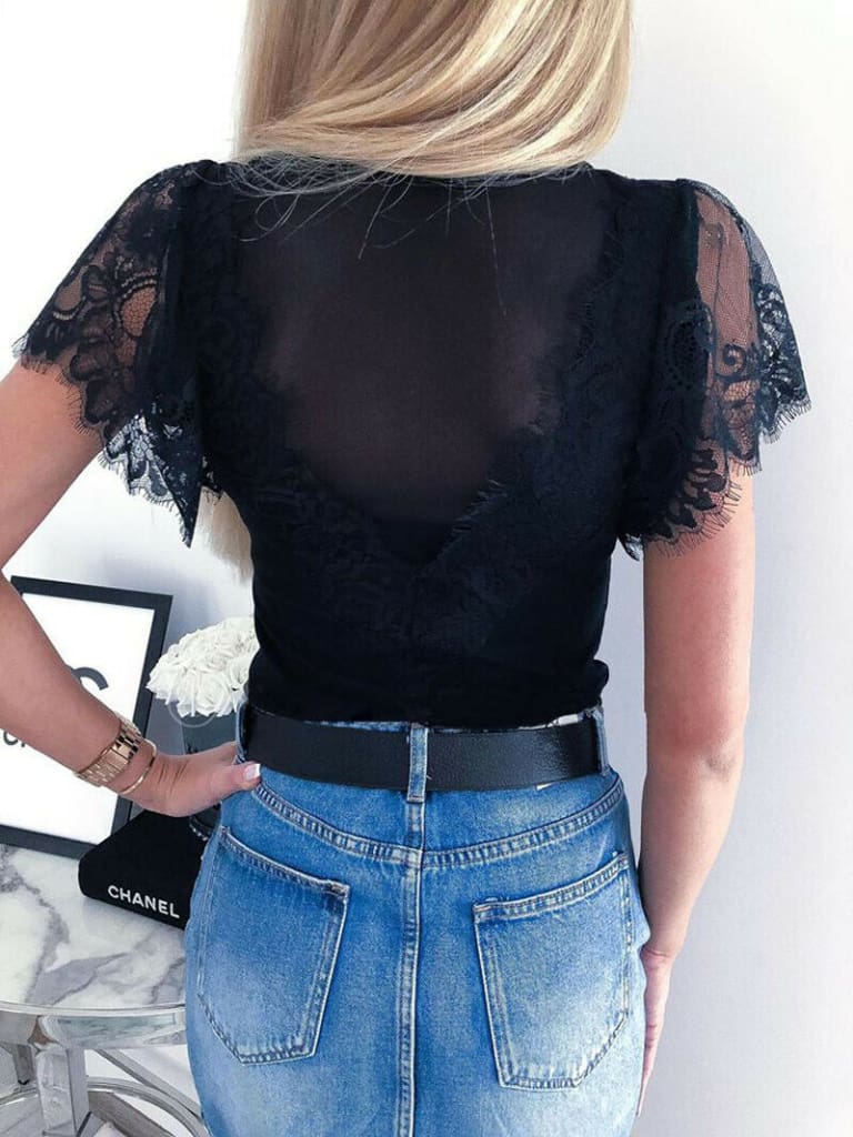 Hot Women Summer Sexy Lace Short Sleeve Loose Simple O-Neck Mesh Blouse Tops Fashion Solid Casual Black Shirt