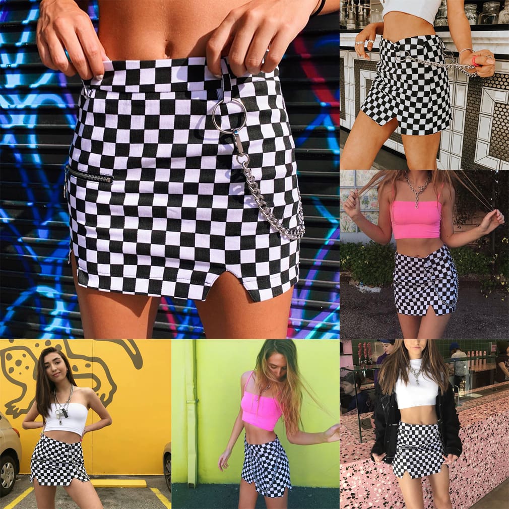 2019 Fashion Skirt Women Ladies Black And White Plaid Elastic Summer Bodycon Bandage Mini Short Pencil Skirt