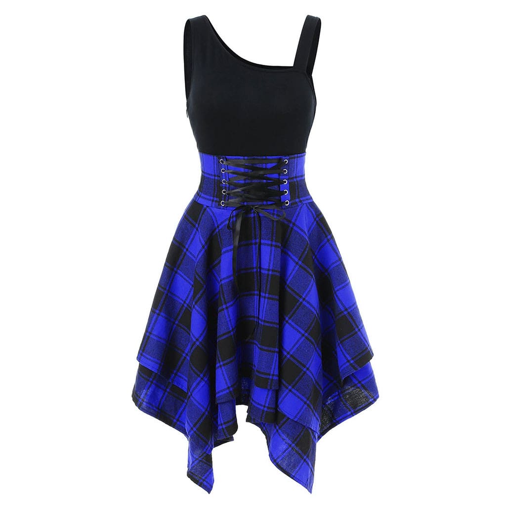 Women Sleeveless Cold Shoulder Cross Lace Up Plaid Asymmetrical Dress