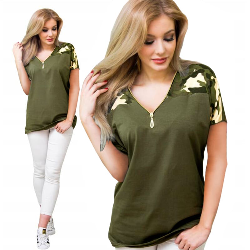 Women Ladies Summer Loose Top Short Sleeve Leopard Zipper Casual V-Neck Tops T-Shirt