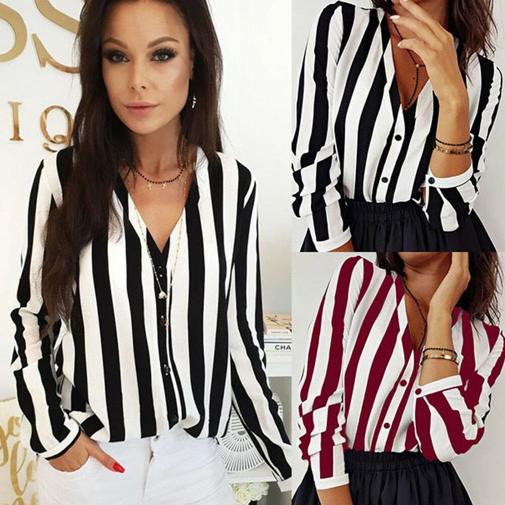 Women Ladies Long Sleeve V-neck Striped Casual Loose Slim Tops Shirt OL Ladies Plain Casual Button Blouse Hot