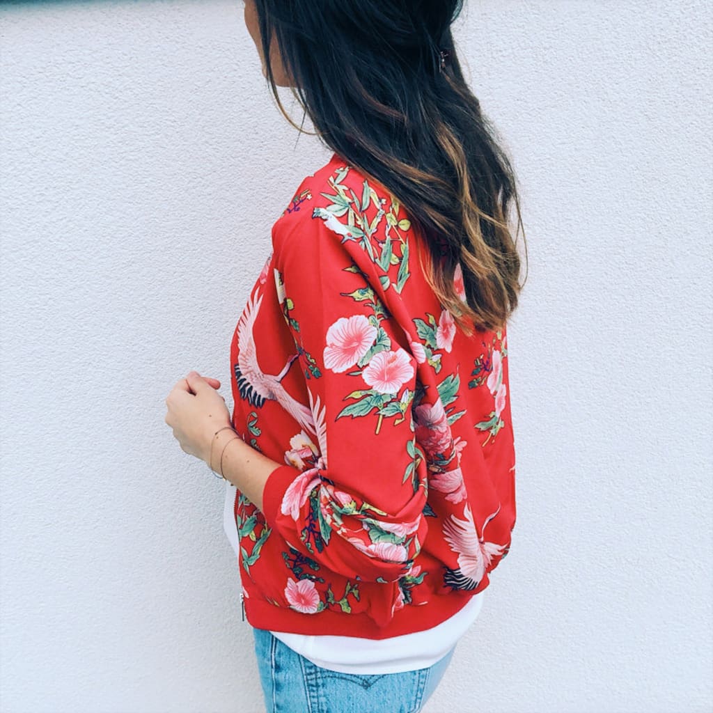 Women Jacket Lady Bomber Floral Print Street Outwears Polyester