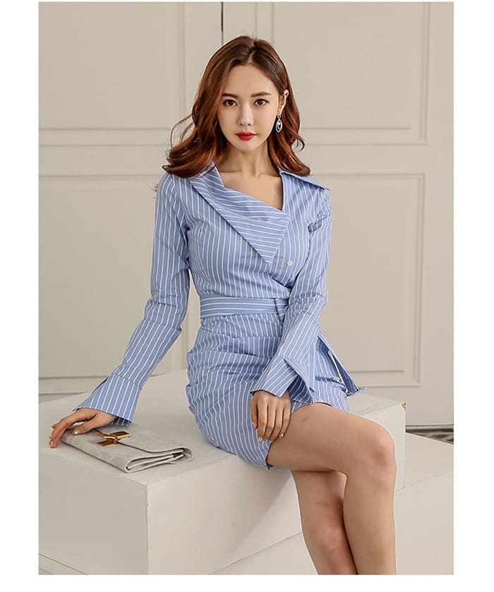 Lady Elegant Striped Short Dress Long Sleeve Pencil Dress