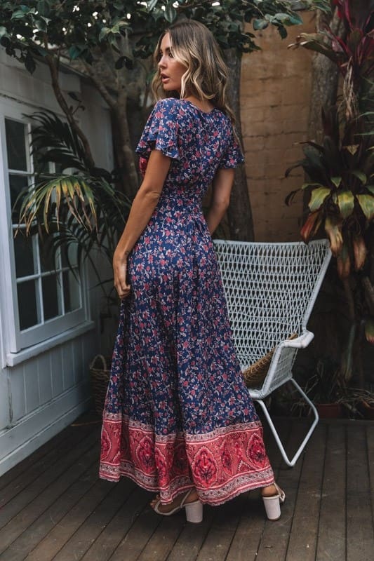 New Fashion Women Boho Floral Short Sleeve High Waist Midi Dress Summer V-Neck Beach Holiday Sundress