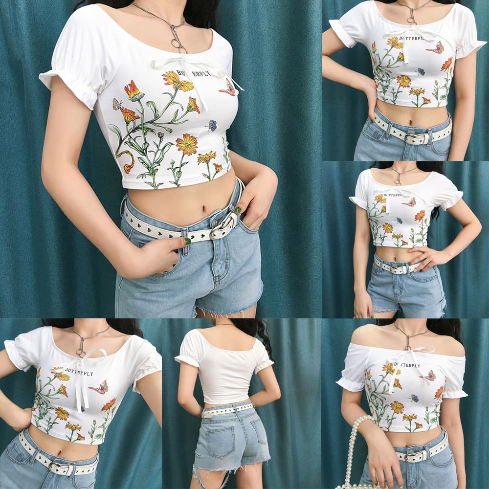 New Women Summer Floral Off Shoulder Tops Ladies Casual Blouse Short Sleeve Beach Holiday Slim Crop Top Shirt