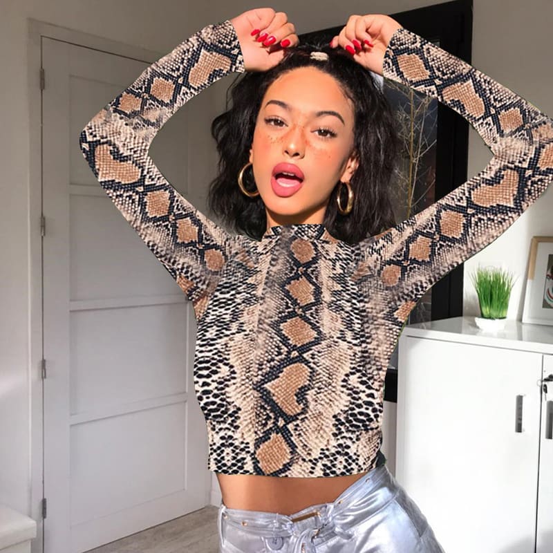 New Women Slim Crop Tops Summer Casual Snake Print Sheer Crop Top Ladies Long Sleeve Crew Neck Tops Shirt