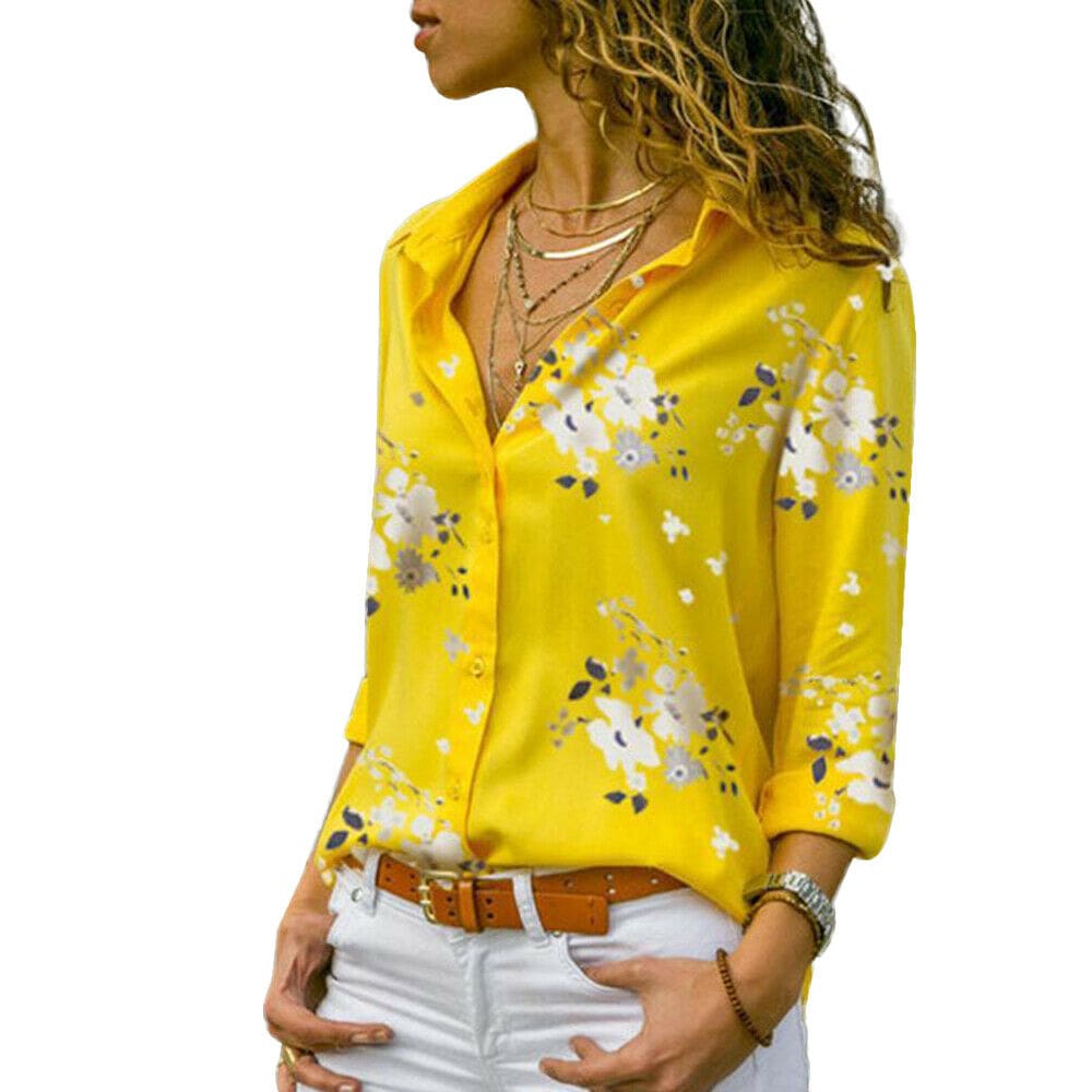 Plus Size Womens Summer Floral Long Sleeve Button V-Neck Shirts Ladies Casual Loose Office Work Blouse Tops