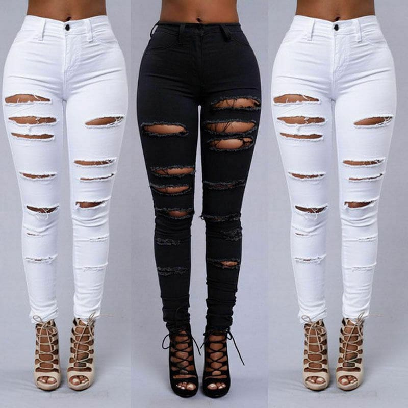 Fashion Women Stretch Elastic High Waist Pants Women Casual Slim Distressed Ripped Skinny Leg Jeans Long Trouser