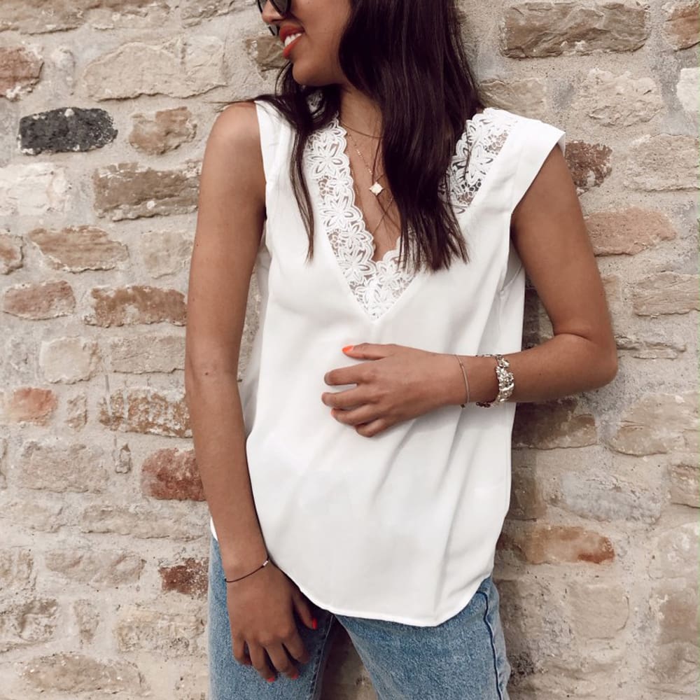 Fashion Women Summer Loose Backless Lace Vest Top Ladies Sleeveless Sexy V-Neck Casual Blouse Tank Tops Shirt