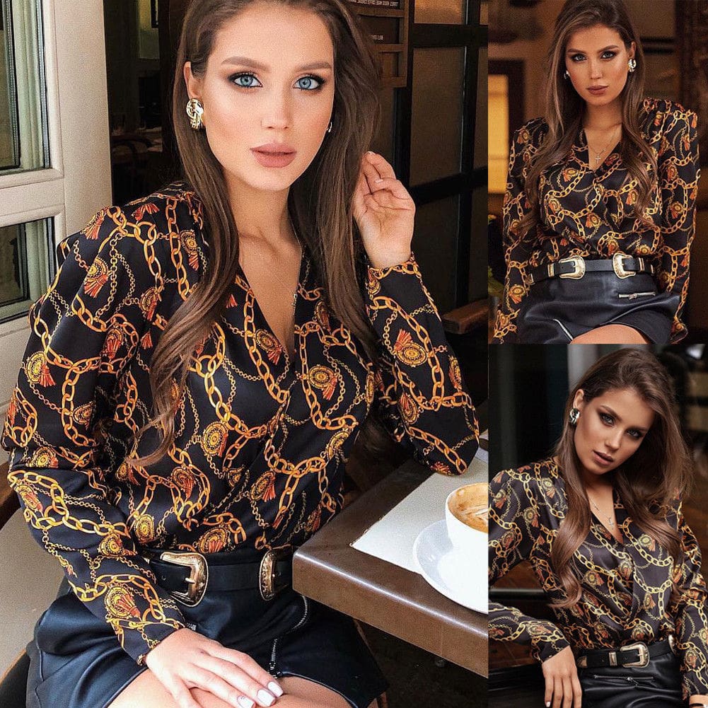 Elegant Women Boho Floral Print Top Casual Loose V-Neck Blouse Fashion OL Ladies Long Sleeve Beach Shirts