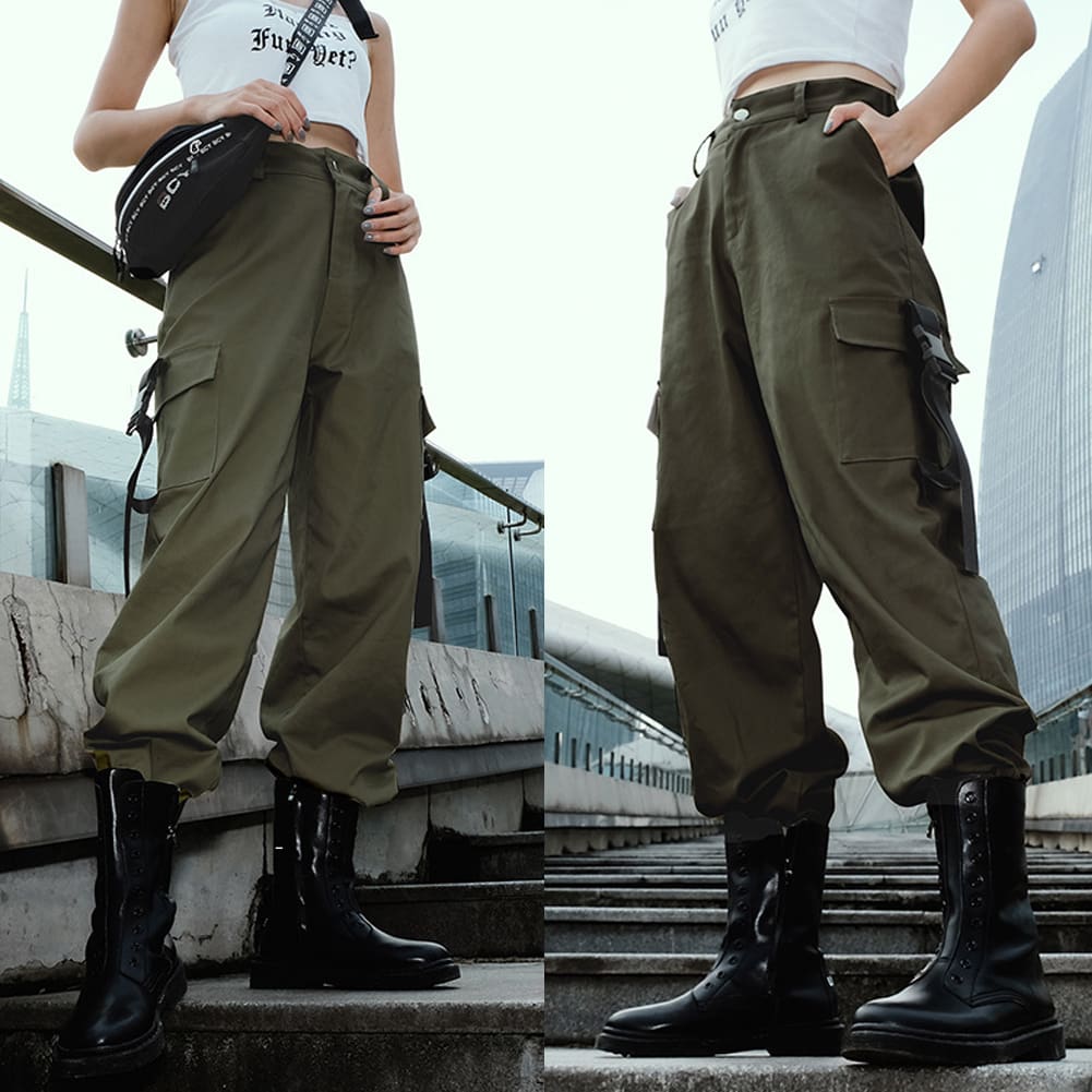 Women Loose Causal Trousers Costume High Waist Chain Combat Cargo High Waist Harem Hip Hop Outdoor Military Pocket Pants