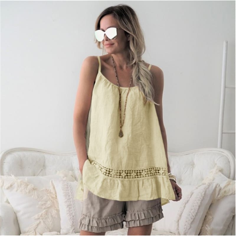 Women Lace Cami Tank Tops Vest Ladies Summer Loose Solid Casual Strappy O-Neck Camisole Blouse Shirts