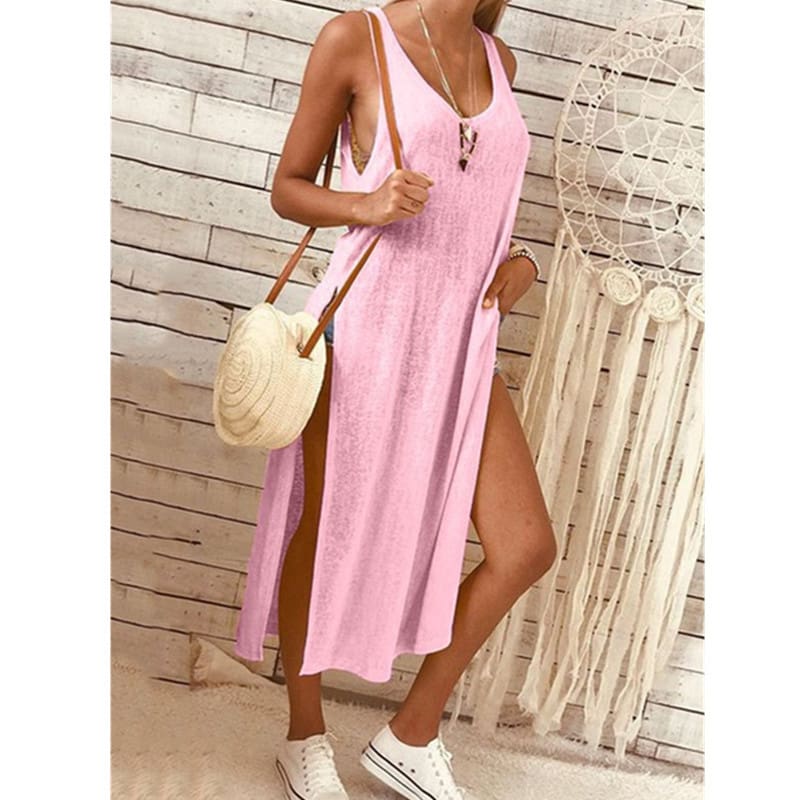 Summer Womens Solid Color Split Sleeveless V-Neck Loose Casual Party Bohemian Dress Holiday Beach Sundress