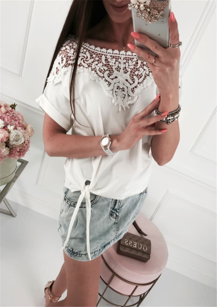 Women Ladies Batwing Short Sleeve Lace Hollow Baggy Casual T-Shirt Tops