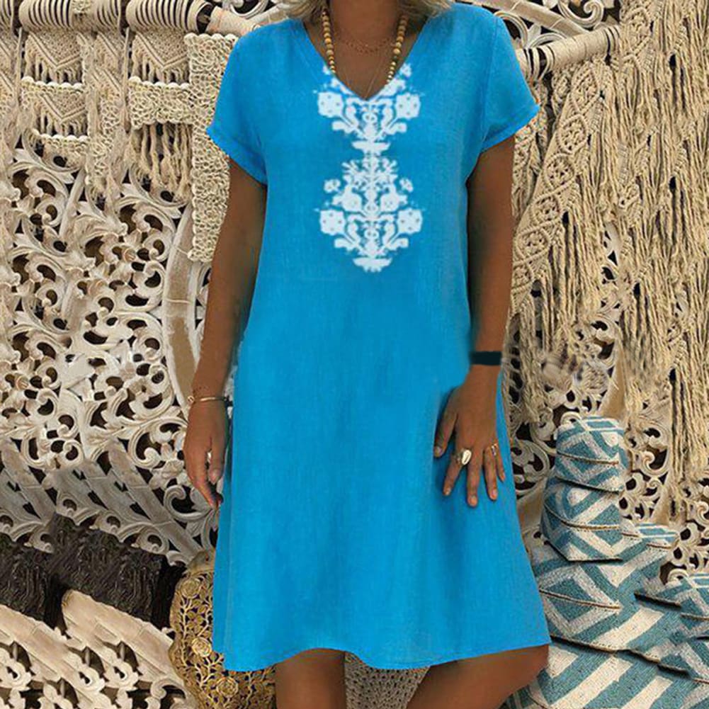 Women Ladies Summer Holiday Short Sleeve Boho Dress Print Party Casual Kaftan Short Mini Dress Sundress Plus Size