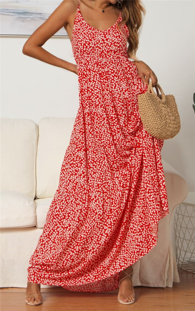 Summer Womens Bohemian Floral Sling V-neck Dress Fashion Ladies Sleeveless Holiday Maxi Dress Sundress