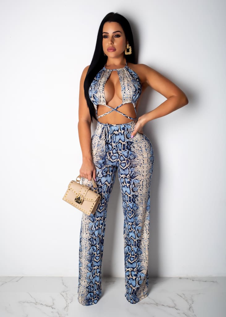 New Women 2 Piece Outfits Snake Print Bandage Sleeveless Backless Lace Crop Tops + Lace Up Loose Long Pants