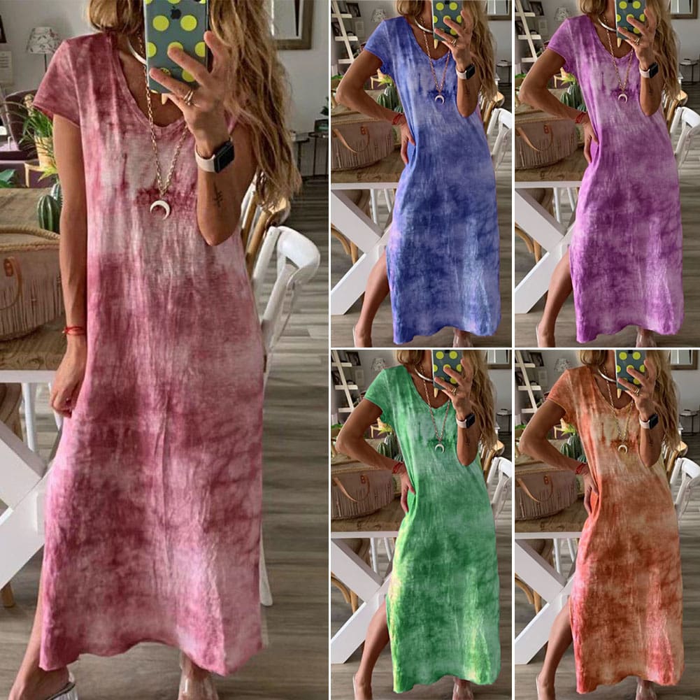 Women Ladies Short Sleeve Bohemia Long Maxi Dress Fashion Summer Beach Party Casual Long Loose Holiday Sundress