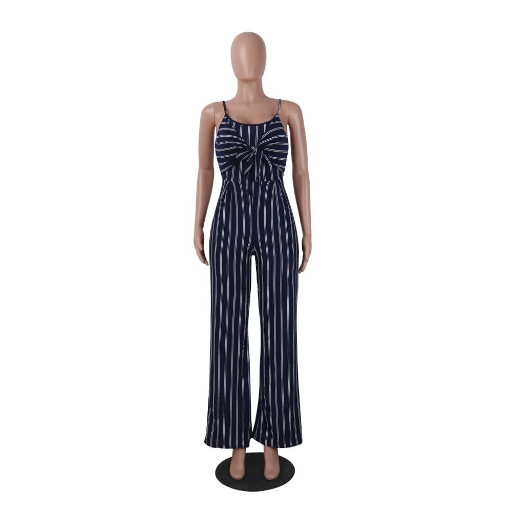 Summer Hot Bodycon Backless Stripe Jumpsuits Women Party Clubwear Jumpsuits Casual Bowtie Overalls Long Pant Trousers