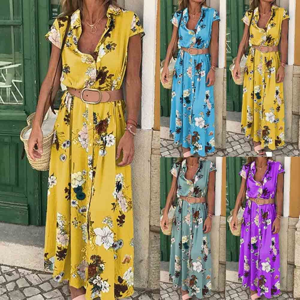 Women Floral Boho Long Dress Short Sleeve High Waist Elegant Ladies Holiday Summer Beach Casual Sundress