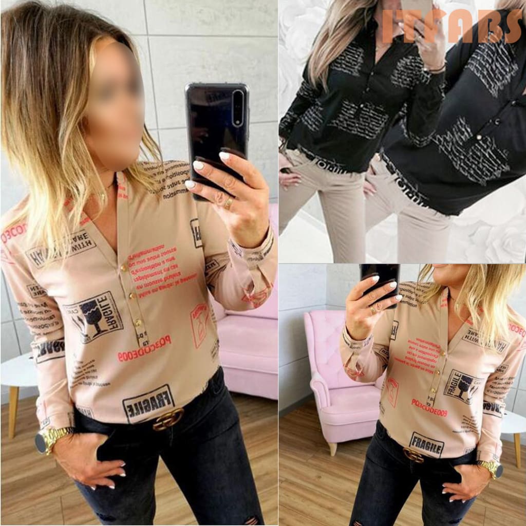 Women Long Sleeve V-neck Button Letter Print Shirt New Fashion OL Ladies Casual Long Sleeve Shirt 2 Colors