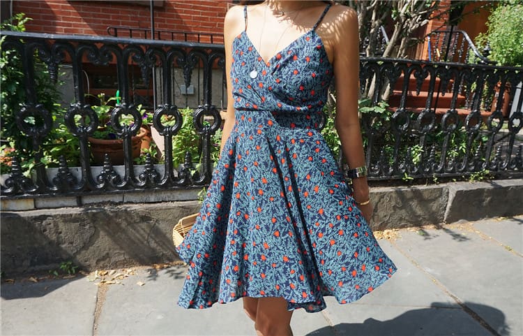 Chiffon V-neck Dress Print Vintage Mini A-Line Slip Strap Dresses