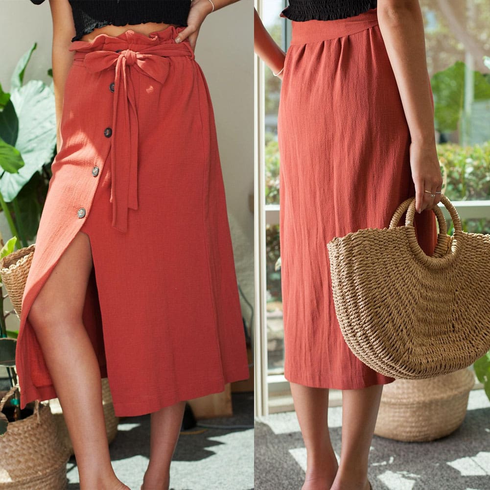 Womens Boho Elastic High Waist Front Slit Skirt Maxi Button Bandage Casual Solid Color Skirt Fashion Summer Clothes