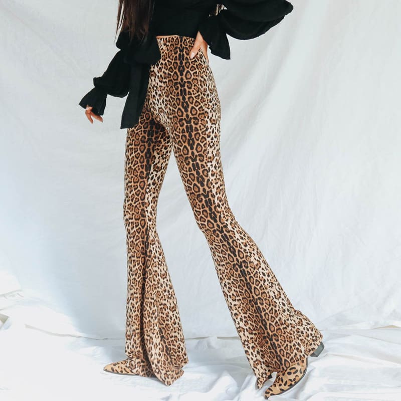 Women Flared Leopard Print Bell Bottom Loose Pants Ladies Bandage Casual Stretch High Waist Long Trousers New