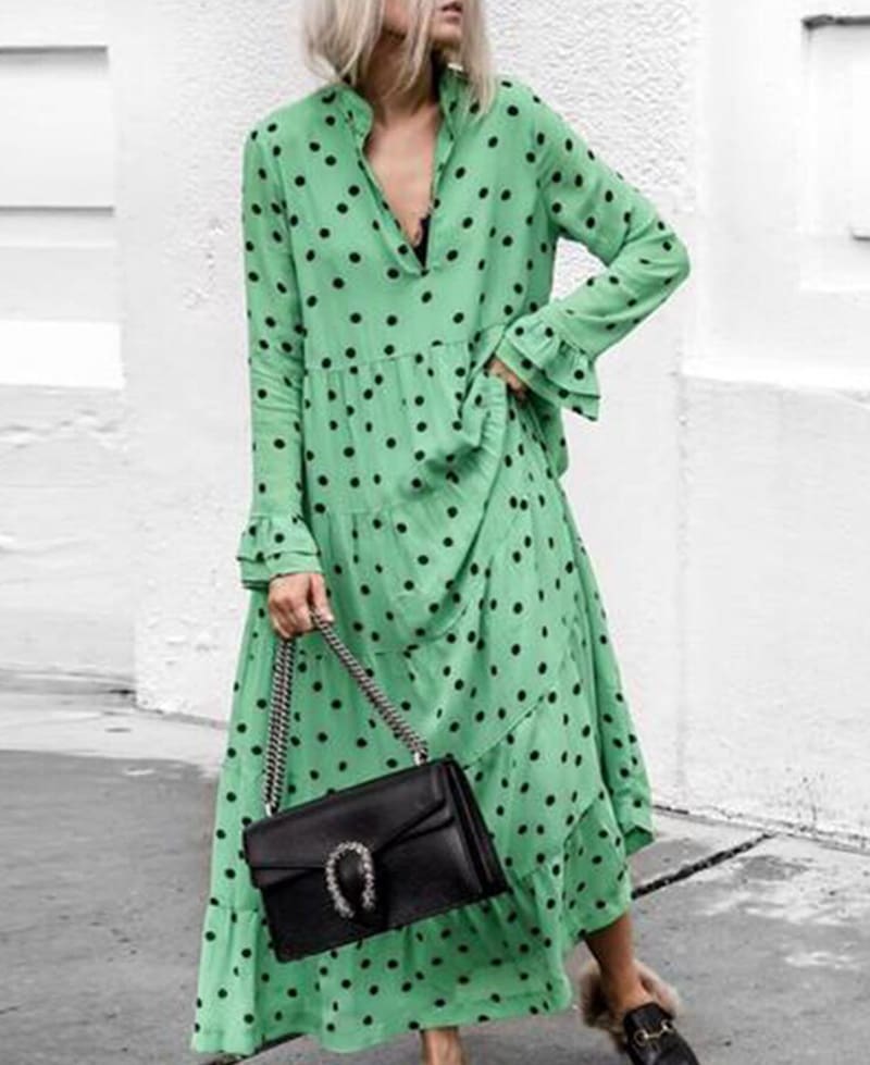 New Fashion Women V-neck Long Sleeve Polka Dot Party Ladies Casual Summer Swing Long Maxi Dress Beach Holiday Clothing