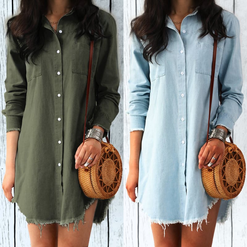 Women Jeans Denim Pocket Long Sleeve Loose T Shirt Slim Mini Dress Summer Ladies Holiday Casual Sundress