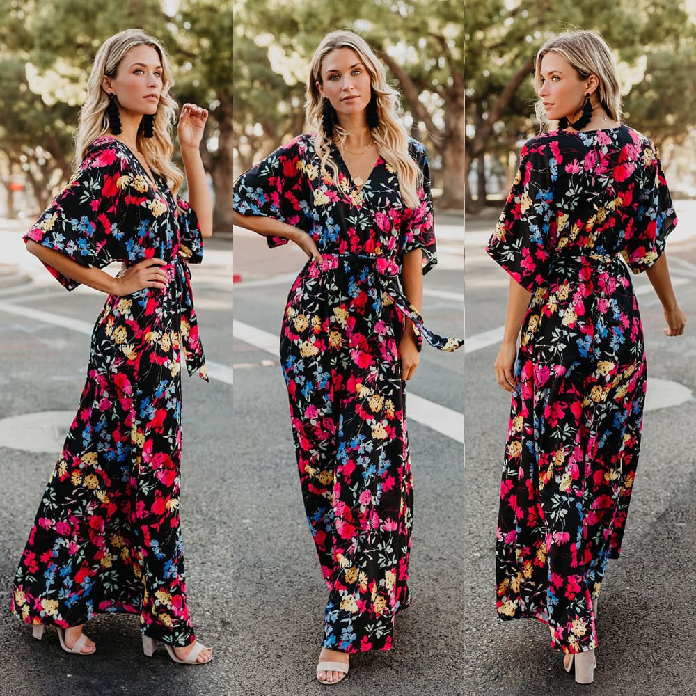 Boho Floral Printed Long Maxi Dress Elegant Women Short Sleeve V-Neck Loose Dress Ladies Summer Party Beach Sundress